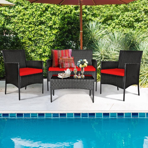 Gymax 8PCS Outdoor Furniture Set Patio Rattan Conversation Set w/ Red Cushion