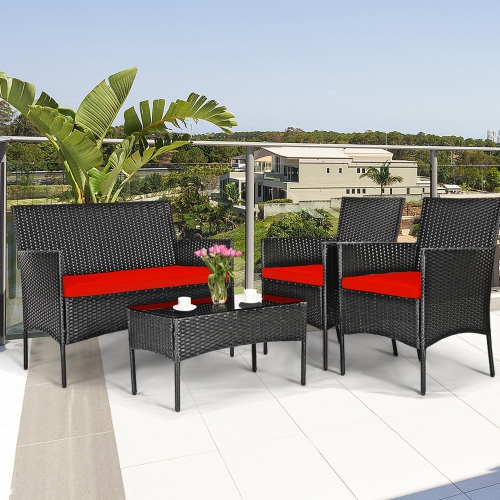 Gymax 8PCS Outdoor Furniture Set Patio Rattan Conversation Set w/ Red Cushion