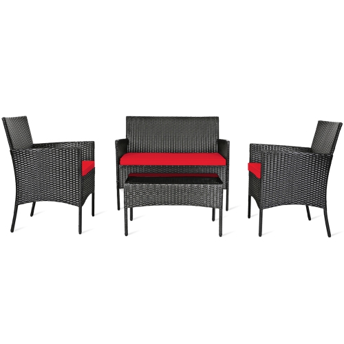 Gymax 8PCS Outdoor Furniture Set Patio Rattan Conversation Set w/ Red Cushion