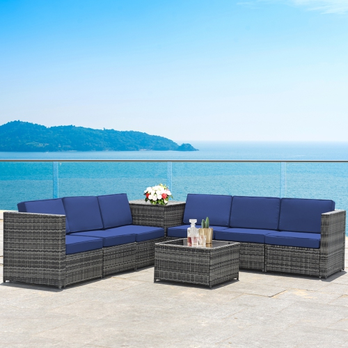 GYMAX  8PCs Patio Rattan Sofa Sectional Conversation Furniture Set W/ Cushion In Navy