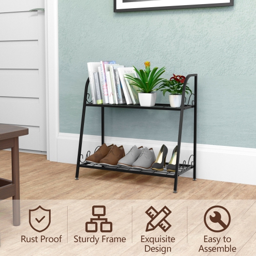 Gymax 2-tier Metal Plant Stand Shelf Flower Pot Holder Display Rack Shoe Organizer