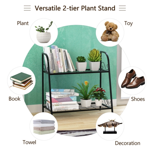 Gymax 2-tier Metal Plant Stand Shelf Flower Pot Holder Display Rack Shoe Organizer