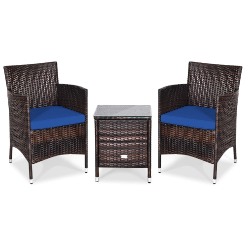 GYMAX  3PCs Patio Rattan Chair & Table Furniture Set Outdoor W/ Cushion In Navy