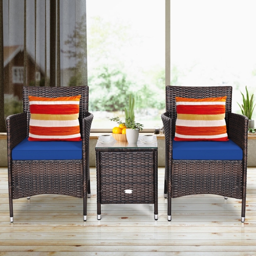 Gymax 3PCS Patio Rattan Chair & Table Furniture Set Outdoor w/ Navy Cushion