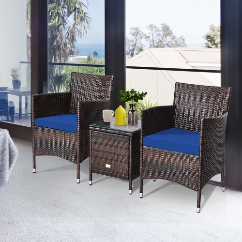 Gymax 3PCS Patio Rattan Chair & Table Furniture Set Outdoor w/ Navy Cushion