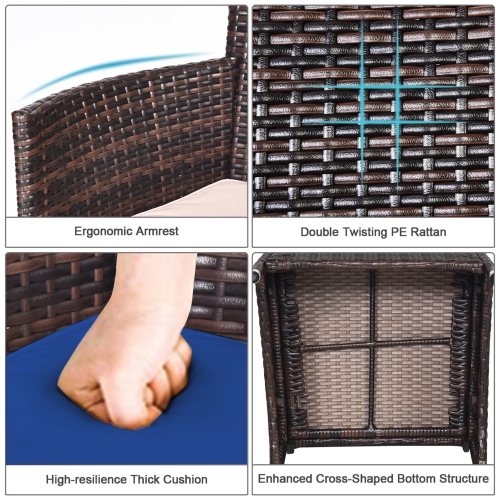 Gymax 3PCS Patio Rattan Chair & Table Furniture Set Outdoor w/ Navy Cushion