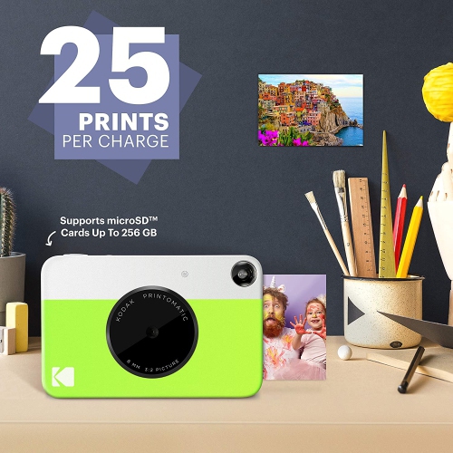 KODAK Printomatic Full-Color Instant Print Camera, 5MP, ZINK 2x3" Sticky Paper, Green