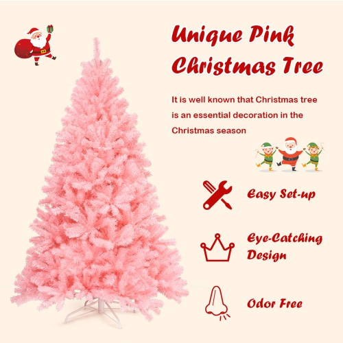 Gymax 6ft Pink Artificial Christmas Tree Hinged Spruce Full Tree w/ Metal Stand