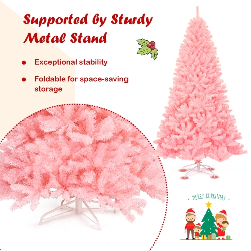 Gymax 6ft Pink Artificial Christmas Tree Hinged Spruce Full Tree w/ Metal Stand