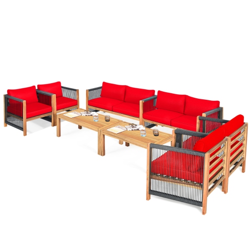 GYMAX  8PCs Acacia Wood Outdoor Patio Furniture Conversation Set W/ Cushions In Red