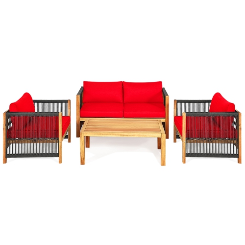 Gymax 8PCS Acacia Wood Outdoor Patio Furniture Conversation Set W/ Red Cushions