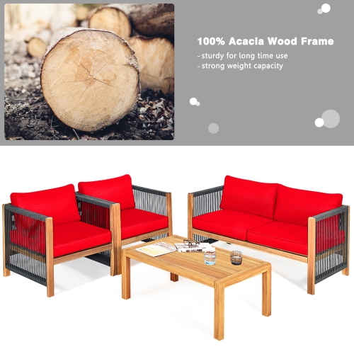 Gymax 8PCS Acacia Wood Outdoor Patio Furniture Conversation Set W/ Red Cushions