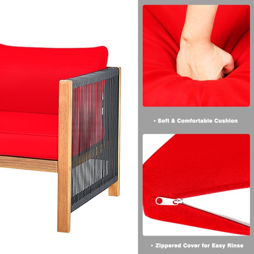 Gymax 8PCS Acacia Wood Outdoor Patio Furniture Conversation Set W/ Red Cushions