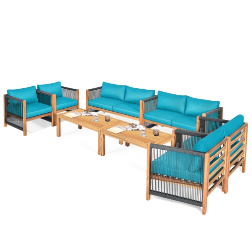 GYMAX  8PCs Acacia Wood Outdoor Patio Furniture Conversation Set W/ Cushions In Turquoise