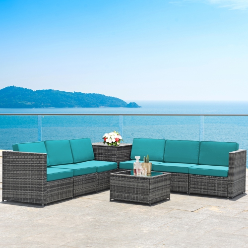 GYMAX  8PCs Patio Rattan Sofa Sectional Conversation Furniture Set W/ Cushion In Turquoise
