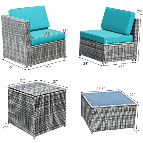 Gymax 8PCS Patio Rattan Sofa Sectional Conversation Furniture Set w/ Turquoise Cushion