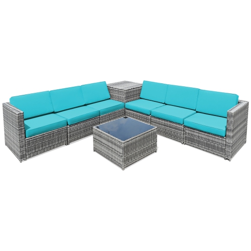 Gymax 8PCS Patio Rattan Sofa Sectional Conversation Furniture Set w/ Turquoise Cushion