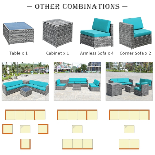Gymax 8PCS Patio Rattan Sofa Sectional Conversation Furniture Set w/ Turquoise Cushion