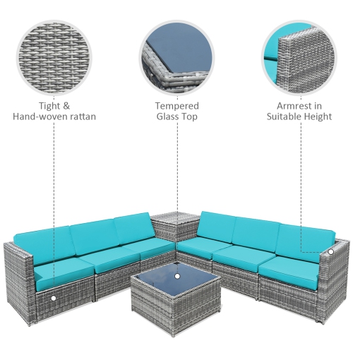 Gymax 8PCS Patio Rattan Sofa Sectional Conversation Furniture Set w/ Turquoise Cushion