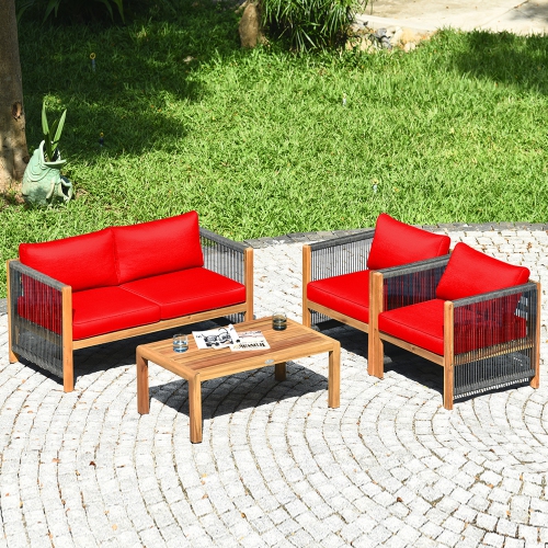 Gymax 4PCS Acacia Wood Outdoor Patio Furniture Conversation Set W/ Red Cushions