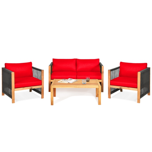 Gymax 4PCS Acacia Wood Outdoor Patio Furniture Conversation Set W/ Red Cushions