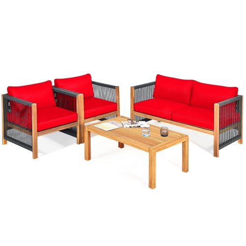 Gymax 4PCS Acacia Wood Outdoor Patio Furniture Conversation Set W/ Red Cushions