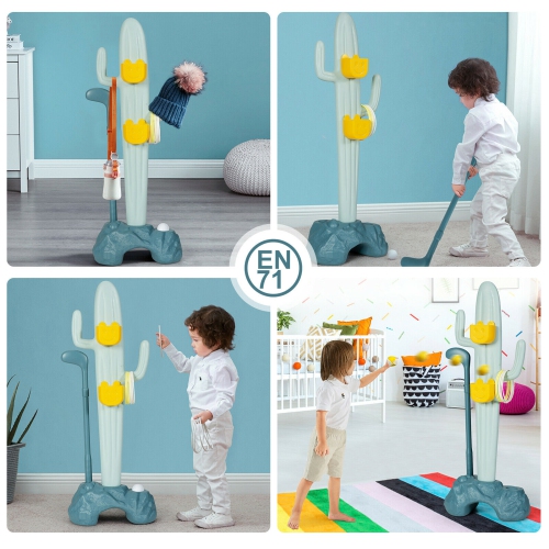 Gymax 3-in-1 Sports Activity Center w/ Golf & Ring-Toss Cactus Toy Stand