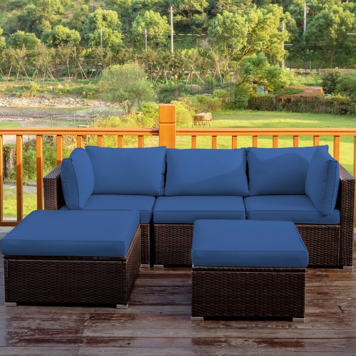 GYMAX  5PCs Rattan Patio Conversation Set Outdoor Furniture Set W/ Ottoman Cushion In Navy