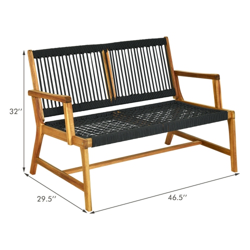 Gymax Wooden Rope Bench Loveseat Patio Garden Outdoor w/ Backrest & Armrest Black