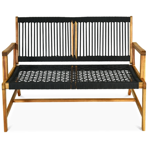 Gymax Wooden Rope Bench Loveseat Patio Garden Outdoor w/ Backrest & Armrest Black