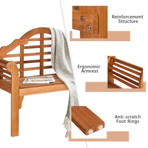 Gymax Foldable Patio Wooden Bench Garden Loveseat with Crown-Like Backrest