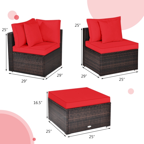 Gymax 4PCS Rattan Patio Conversation Furniture Set Yard Outdoor w/ Red Cushion