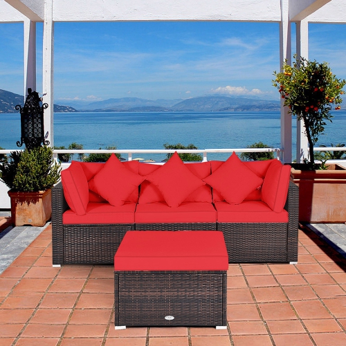 Gymax 4PCS Rattan Patio Conversation Furniture Set Yard Outdoor w/ Red Cushion