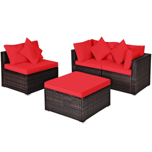 Gymax 4PCS Rattan Patio Conversation Furniture Set Yard Outdoor w/ Red Cushion