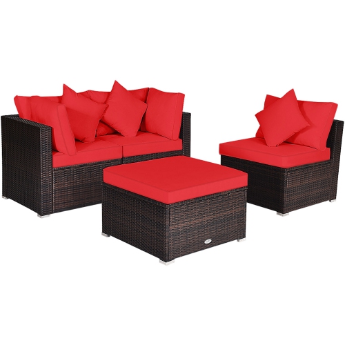 Gymax 4PCS Rattan Patio Conversation Furniture Set Yard Outdoor w/ Red Cushion