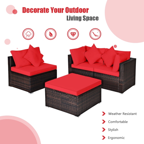 Gymax 4PCS Rattan Patio Conversation Furniture Set Yard Outdoor w/ Red Cushion