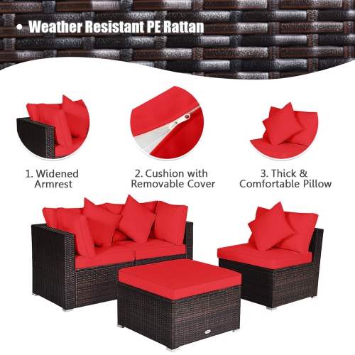 Gymax 4PCS Rattan Patio Conversation Furniture Set Yard Outdoor w/ Red Cushion