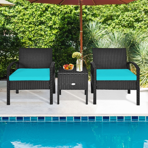 GYMAX  3PCs Rattan Patio Conversation Furniture Set W/ Storage Table Cushion In Turquoise