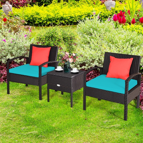 Gymax 3PCS Rattan Patio Conversation Furniture Set w/ Storage Table Turquoise Cushion