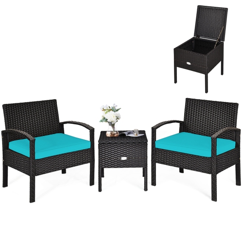Gymax 3PCS Rattan Patio Conversation Furniture Set w/ Storage Table Turquoise Cushion