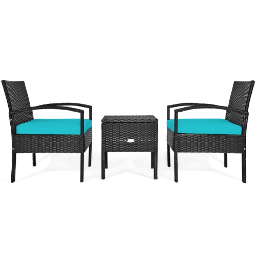 Gymax 3PCS Rattan Patio Conversation Furniture Set w/ Storage Table Turquoise Cushion