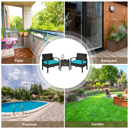 Gymax 3PCS Rattan Patio Conversation Furniture Set w/ Storage Table Turquoise Cushion