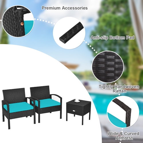 Gymax 3PCS Rattan Patio Conversation Furniture Set w/ Storage Table Turquoise Cushion
