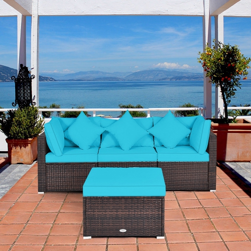 Gymax 4PCS Rattan Patio Conversation Furniture Set Yard Outdoor w/ Turquoise Cushion