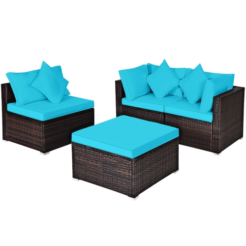 Gymax 4PCS Rattan Patio Conversation Furniture Set Yard Outdoor w/ Turquoise Cushion