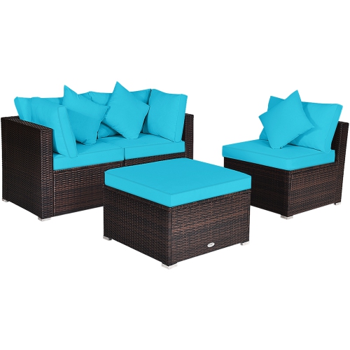 Gymax 4PCS Rattan Patio Conversation Furniture Set Yard Outdoor w/ Turquoise Cushion