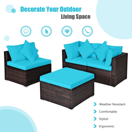 Gymax 4PCS Rattan Patio Conversation Furniture Set Yard Outdoor w/ Turquoise Cushion