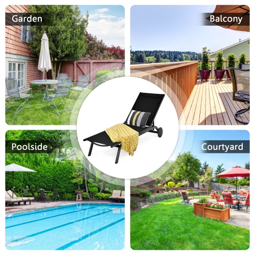 Gymax Set of 2 Patio Chaise Lounge Chair Aluminum Adjustable Recliner w/ Wheels Black