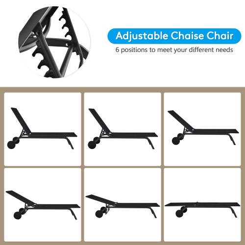 Gymax Set of 2 Patio Chaise Lounge Chair Aluminum Adjustable Recliner w/ Wheels Black