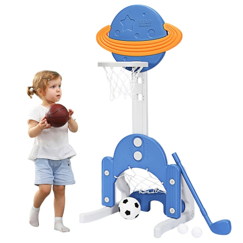 GYMAX  3 In 1 Kids Basketball Hoop Set Adjustable Sports Activity Center W/ Balls In Blue